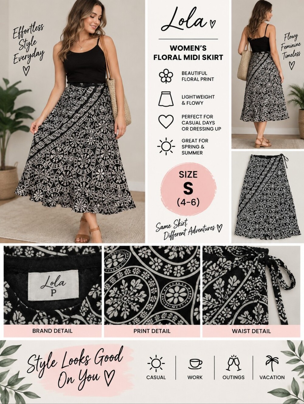 Lola p women's size small black floral midi skirt #04